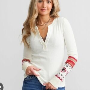 NWT Free People Mikah Layering Cuff Thermal Long Sleeve Shirt Small Cream Red